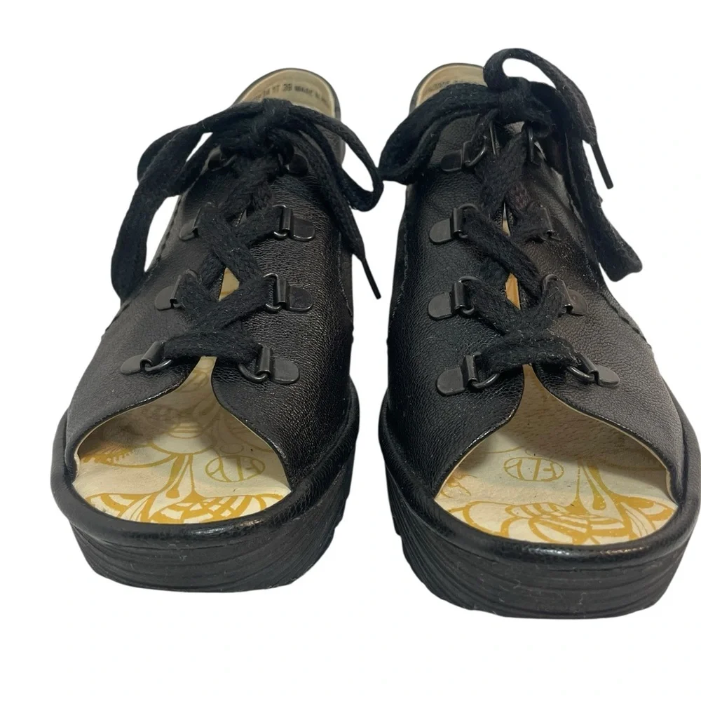 FLY London Ylfa Black Lace-Up Leather Wedge Sandals Women’s Size EUR 39 US 8-8.5